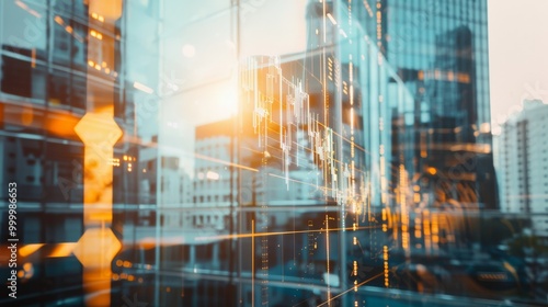 Wallpaper Mural A futuristic cityscape with a blend of glass buildings and digital financial data, symbolizing the merge of urban architecture and modern technology. Torontodigital.ca