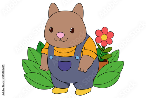  Wombat in Garden Planting Flowers Clipart Vector Illustration