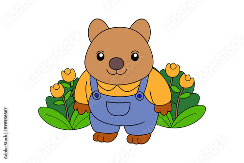  Wombat in Garden Planting Flowers Clipart Vector Illustration