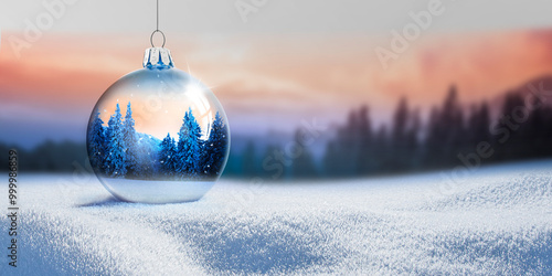 Weihnachtskugel aus Glas vor verschneiter Landschaft im Hintergrund