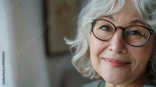 A joyful elderly woman with white hair and glasses, smiling warmly at the camera from indoors, radiating a sense of peace and contentment.