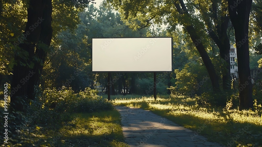A blank white billboard mockup in a peaceful park setting, surrounded by trees, greenery, and a walking path. A blank white billboard mockup in a peaceful park setting, surrounded by trees, greenery, and a walking path.