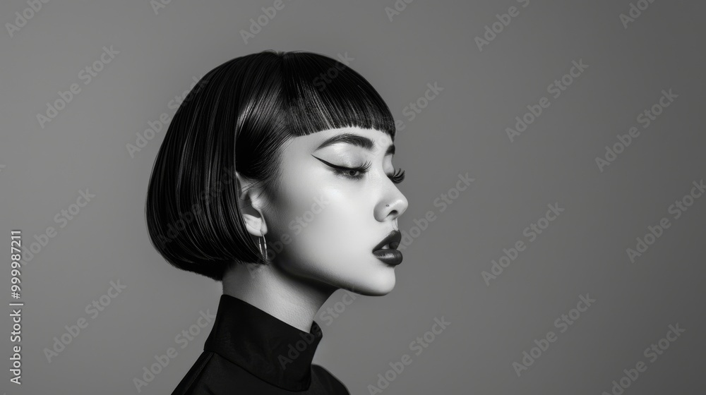 A black-and-white portrait of a woman with a bob haircut, dramatic winged eyeliner, and dark lipstick, exuding a sense of vintage elegance. A black-and-white portrait of a woman with a bob haircut, dramatic winged eyeliner, and dark lipstick, exuding a sense of vintage elegance.