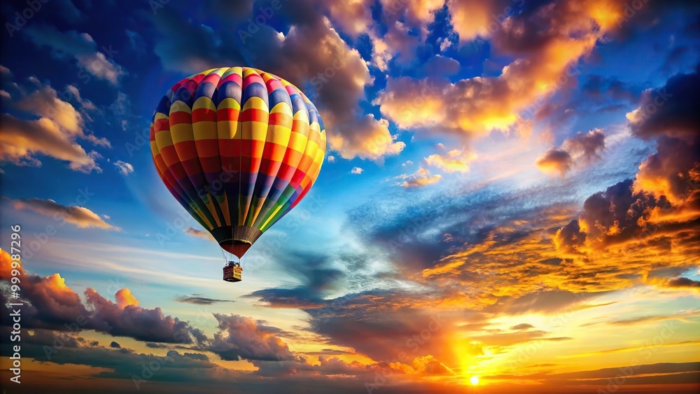 Obraz premium Hot air balloon flying in colorful sky with eye level view