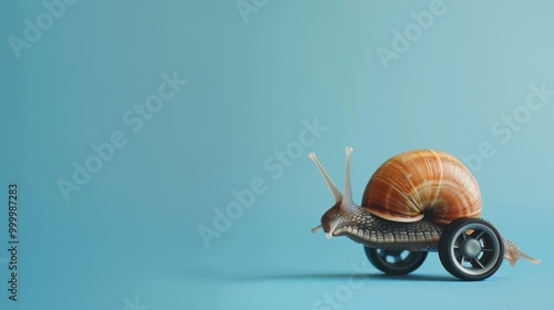 A small snail with wheels moves on a blue background, blending natural and mechanical elements in a whimsical and imaginative scene. photo