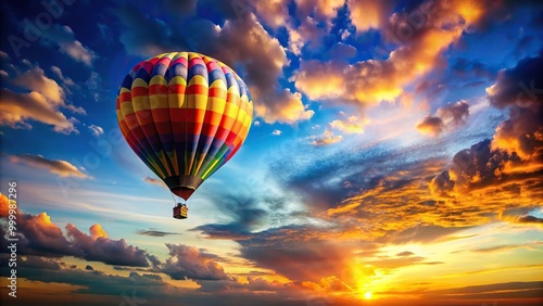 Hot air balloon flying in colorful sky with eye level view