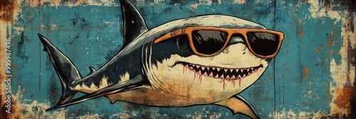 A smirky, cool shark with sunglasses against a grungy background. photo