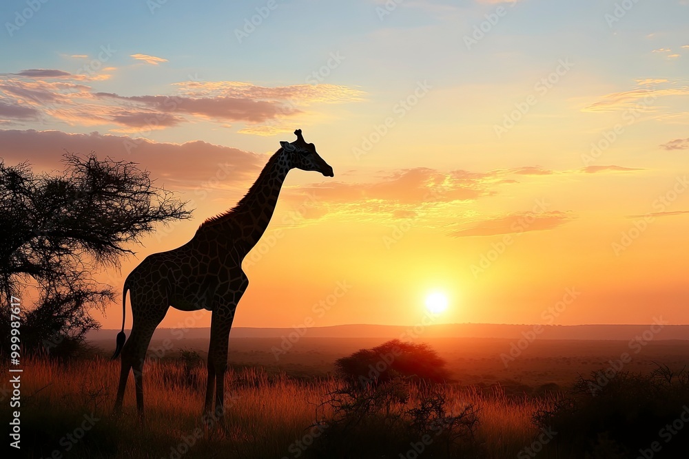 Giraffe at sunset. Beautiful African scenery .generative ai Giraffe at sunset. Beautiful African scenery .generative ai
