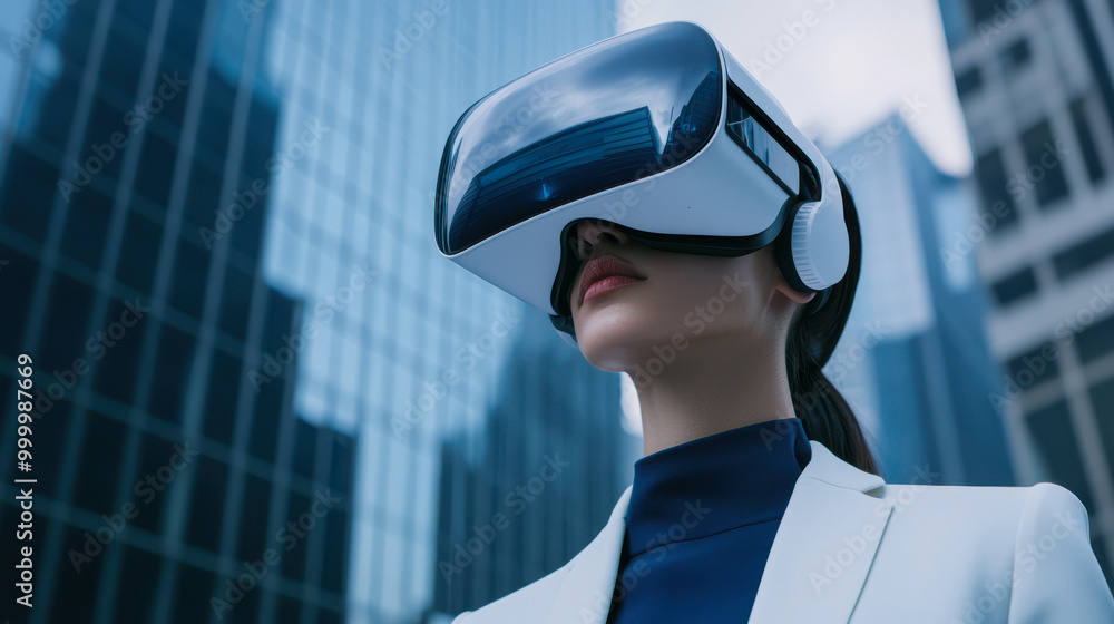 Businesswoman using virtual reality headset in city. Businesswoman using virtual reality headset in city.