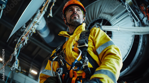 Industrial worker in safety gear inspecting machinery.