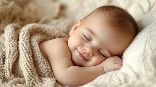 A newborn baby sleeps soundly, curled up on a soft white blanket.