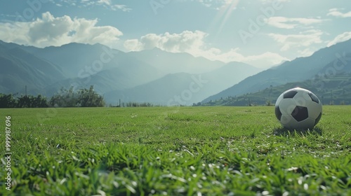 A lone soccer ball sits on a lush green field with a mountainous backdrop, evoking a sense of anticipation and outdoor adventure. photo