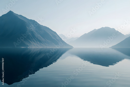 Calm blue lake reflecting mountains and sky at dawn