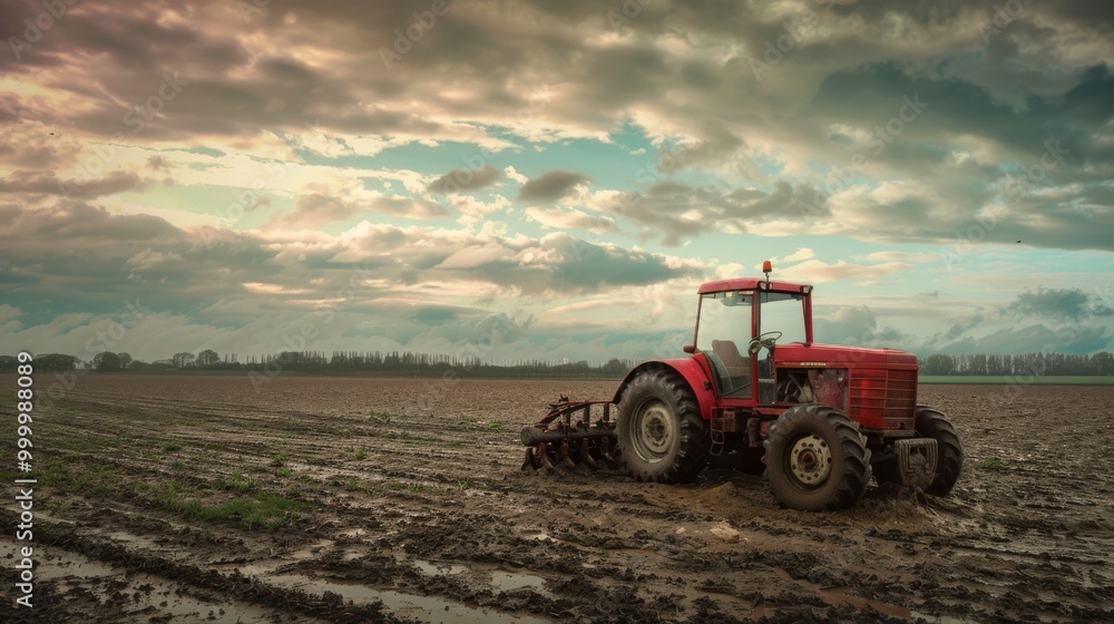 A red tractor plows through a muddy field under a cloudy sky, depicting a serene yet rugged agricultural scene. A red tractor plows through a muddy field under a cloudy sky, depicting a serene yet rugged agricultural scene.