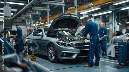 Two Mechanics in a Service are Inspecting a Car After They Got the Diagnostics Results. Female Specialist is Comparing the Data on a Tablet Computer. Repairman is Using a Ratchet to Repair the Faults.