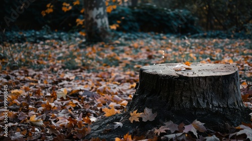 A tree stump surrounded by fallen autumn leaves on the forest floor, casting a nostalgic mood in the serene, sunlit woods.