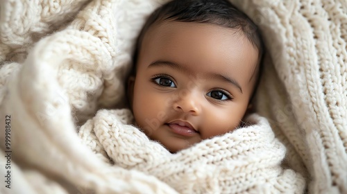 A baby with brown eyes looks at the camera with a slight smile.