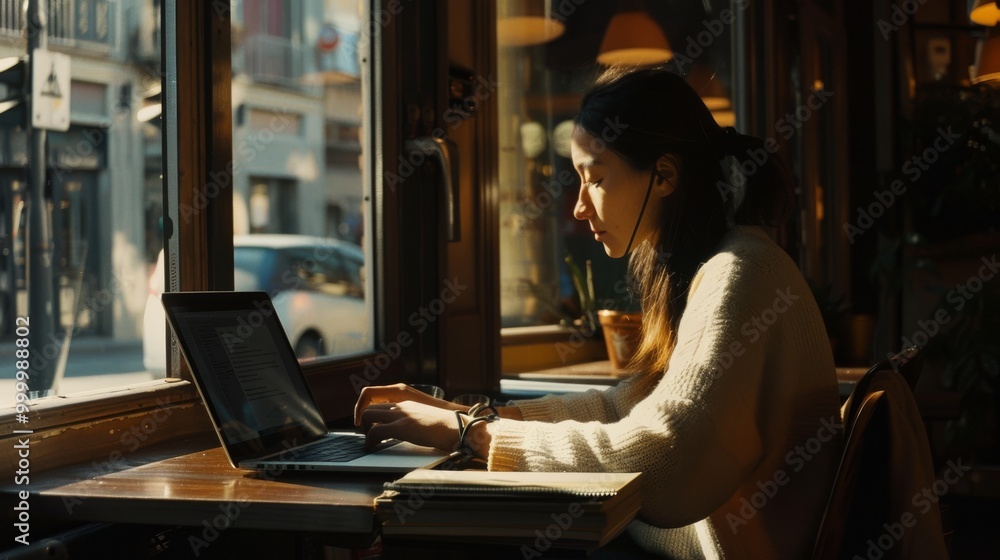 A young woman focused diligently while working on her laptop in a cozy café, with warm sunlight streaming through the window. A young woman focused diligently while working on her laptop in a cozy café, with warm sunlight streaming through the window.