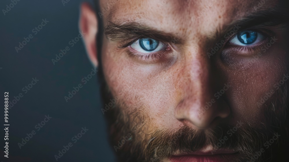 Fototapeta premium A close-up of a person with striking blue eyes and a rugged beard, conveying intensity and deep emotion.