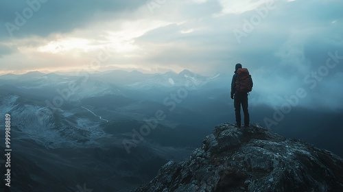 Snowy Mountain Silhouette with Hiker