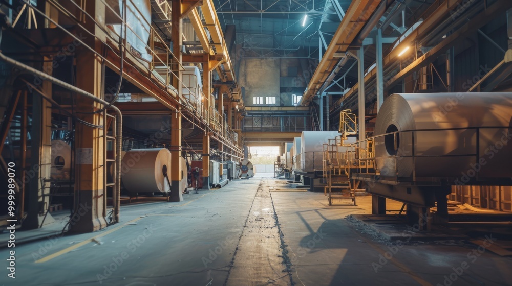 An expansive industrial warehouse with large coils of metal, illuminated by natural light filtering in from high windows. An expansive industrial warehouse with large coils of metal, illuminated by natural light filtering in from high windows.