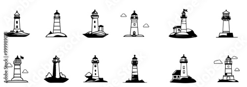 Line lighthouse monochrome icon set. Navigation tower sea collection, vector ocean seashore building illustration. Nautical lamp sticker kit, black marine logotype, architecture travel symbol. 