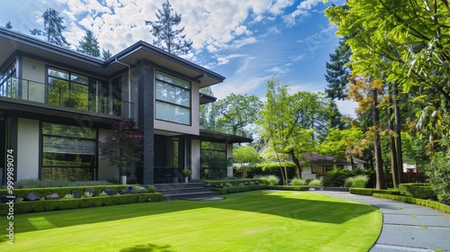 Modern two-story home with large windows and a manicured lawn, surrounded by lush greenery under a vibrant blue sky with scattered clouds.