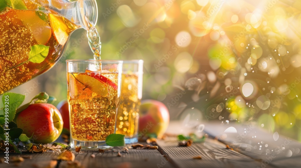 Fresh apple juice cider being poured into glass with apple fruit on table Fresh apple juice cider being poured into glass with apple fruit on table