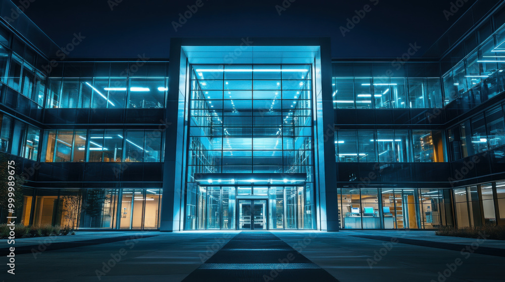 Modern tech headquarters with large glass walls and a high-tech entrance illuminated at night