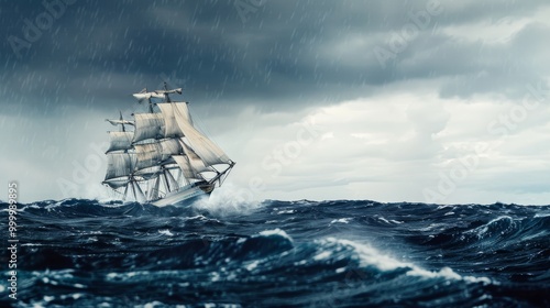 A ship navigates a tumultuous sea under dark, stormy skies, the waves crashing fiercely against its hull in a scene of maritime turmoil.