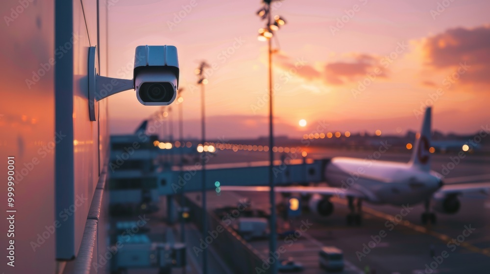 Surveillance camera monitors as a plane approaches the runway during a delicate sunset, spotlighting technology and travel. Surveillance camera monitors as a plane approaches the runway during a delicate sunset, spotlighting technology and travel.