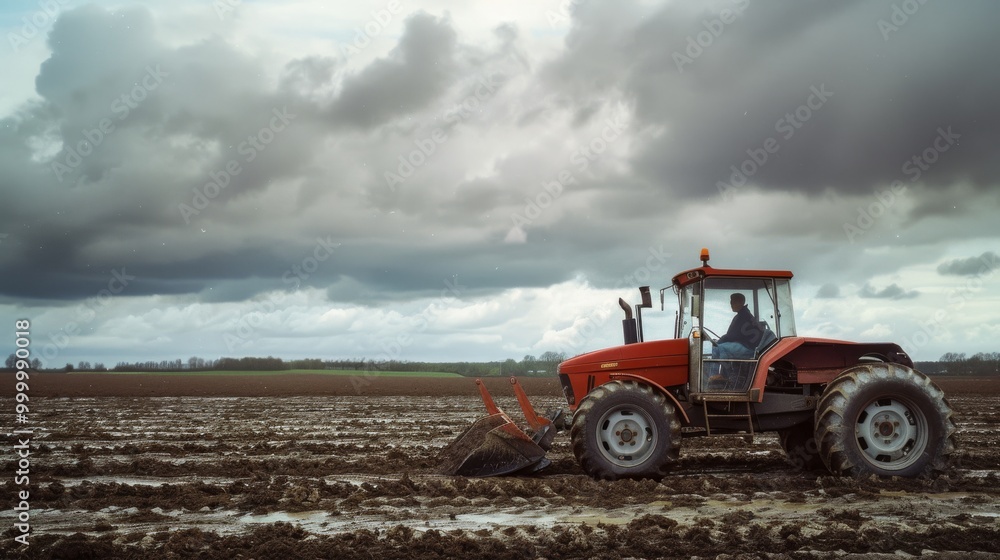 A red tractor, driven by a farmer, plows a muddy field under ominous skies, representing hard work and resilience. A red tractor, driven by a farmer, plows a muddy field under ominous skies, representing hard work and resilience.