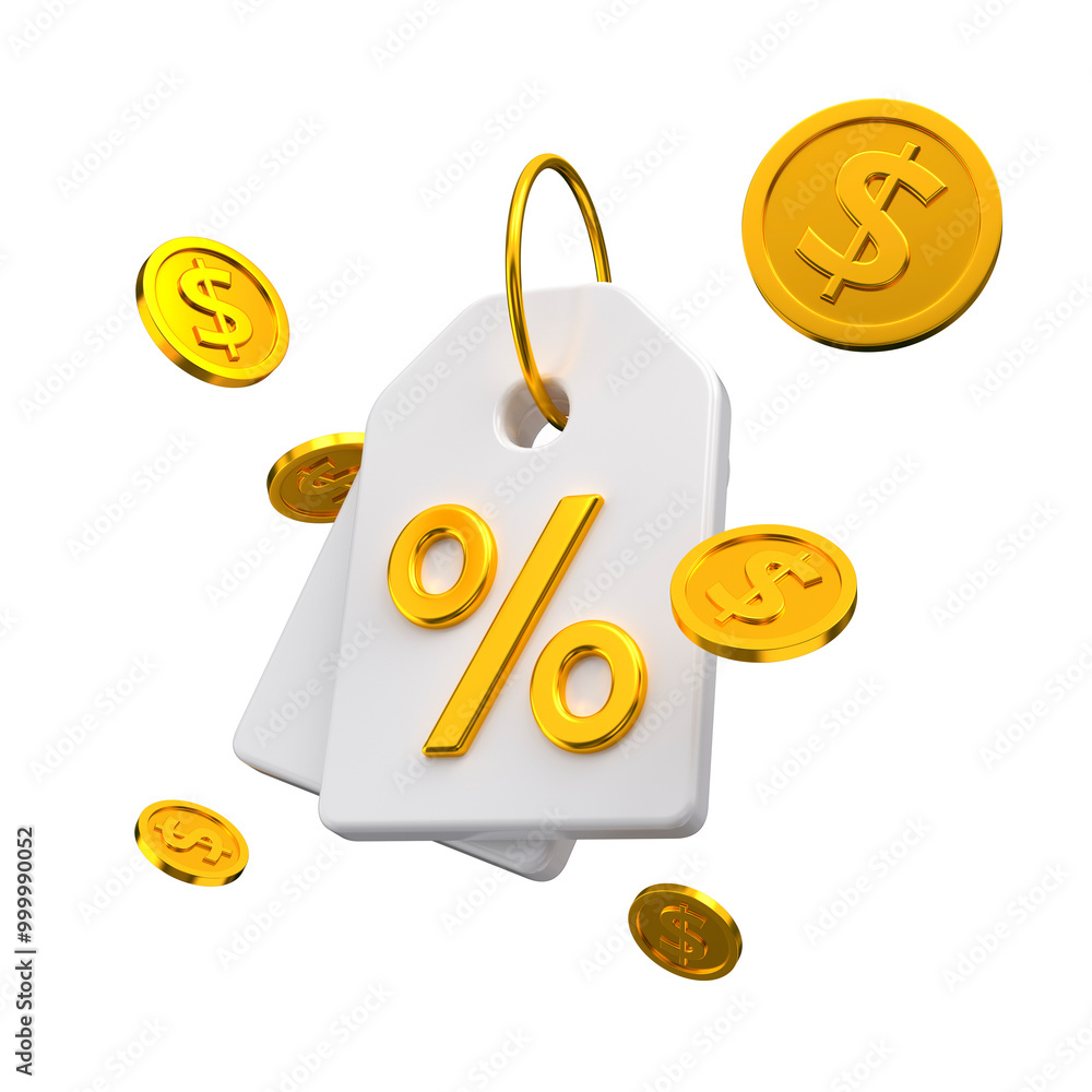 © Volodymyr - White discount tag for sales and shopping online with splash coins. Price offer promotion isolated. 3d rendering. © Volodymyr - White discount tag for sales and shopping online with splash coins. Price offer promotion isolated. 3d rendering.