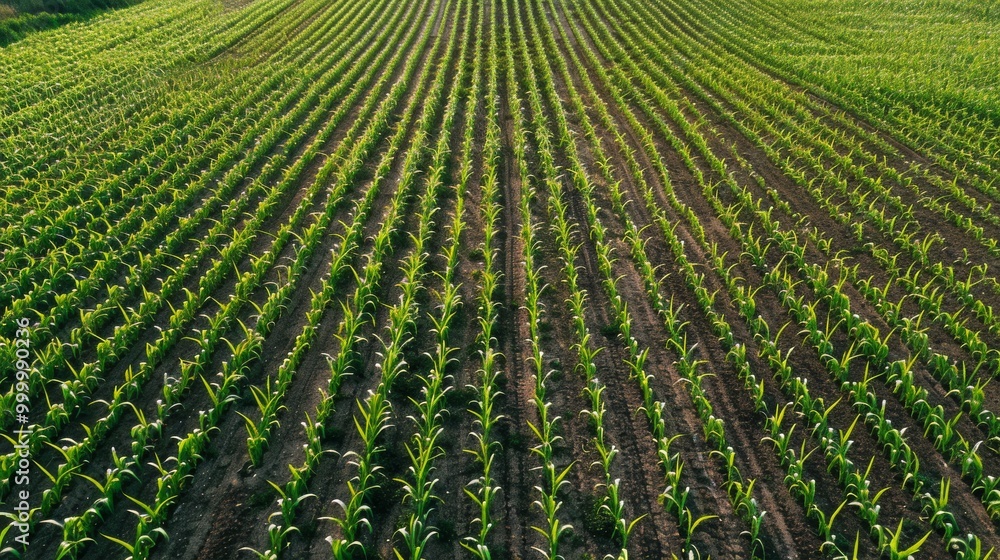 Aerial view of a sprawling cornfield, with young green plants forming rows against the brown soil under warm sunlight. Aerial view of a sprawling cornfield, with young green plants forming rows against the brown soil under warm sunlight.