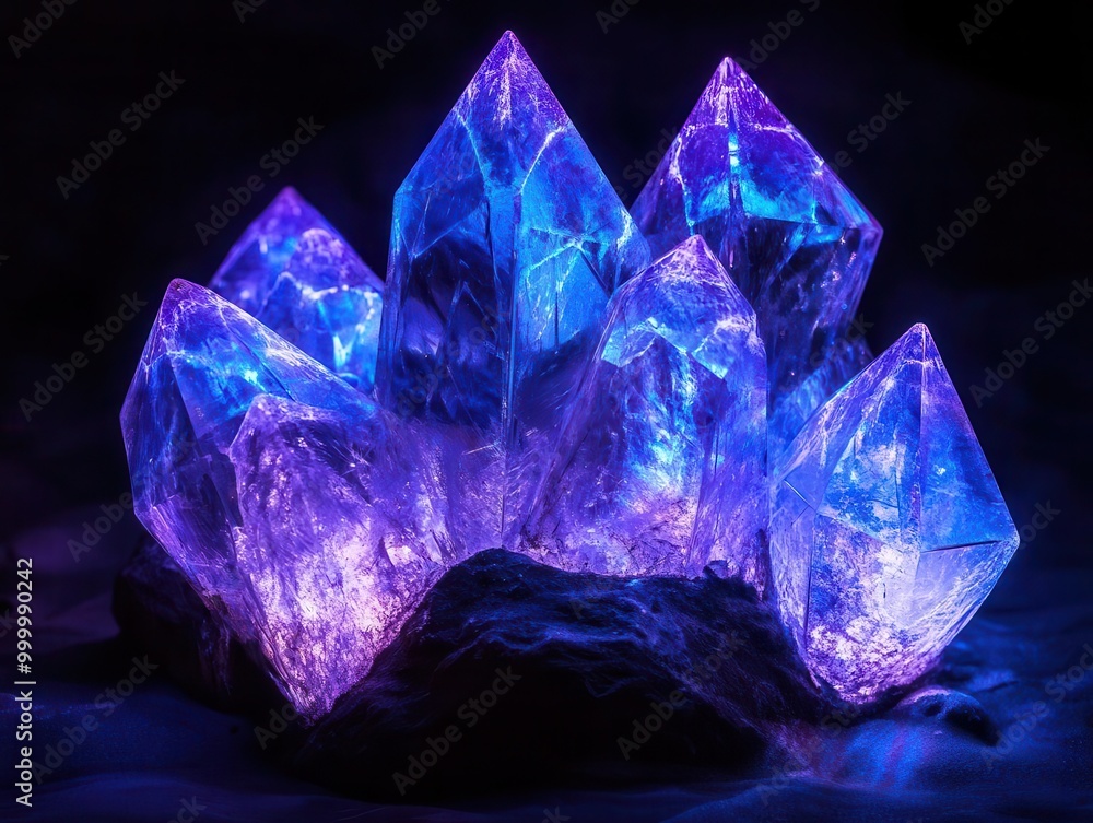 Bioluminescent crystal formation emerging from dark waters, glowing with ethereal blue and purple hues. Mesmerizing geometric patterns and pulsating light create an otherworldly scene. Bioluminescent crystal formation emerging from dark waters, glowing with ethereal blue and purple hues. Mesmerizing geometric patterns and pulsating light create an otherworldly scene.