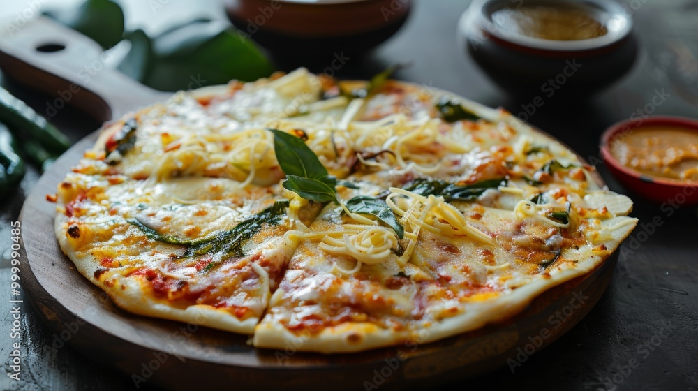 An enticingly garnished pizza with cheese and leafy greens on a wooden paddle, ready to be served. An enticingly garnished pizza with cheese and leafy greens on a wooden paddle, ready to be served.