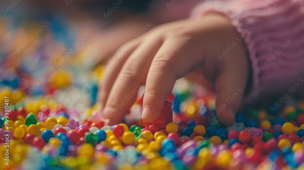 A toddler's hand exploring a sea of colorful, tiny beads, invoking a sense of wonder and tactile exploration in a lively atmosphere. A toddler's hand exploring a sea of colorful, tiny beads, invoking a sense of wonder and tactile exploration in a lively atmosphere.