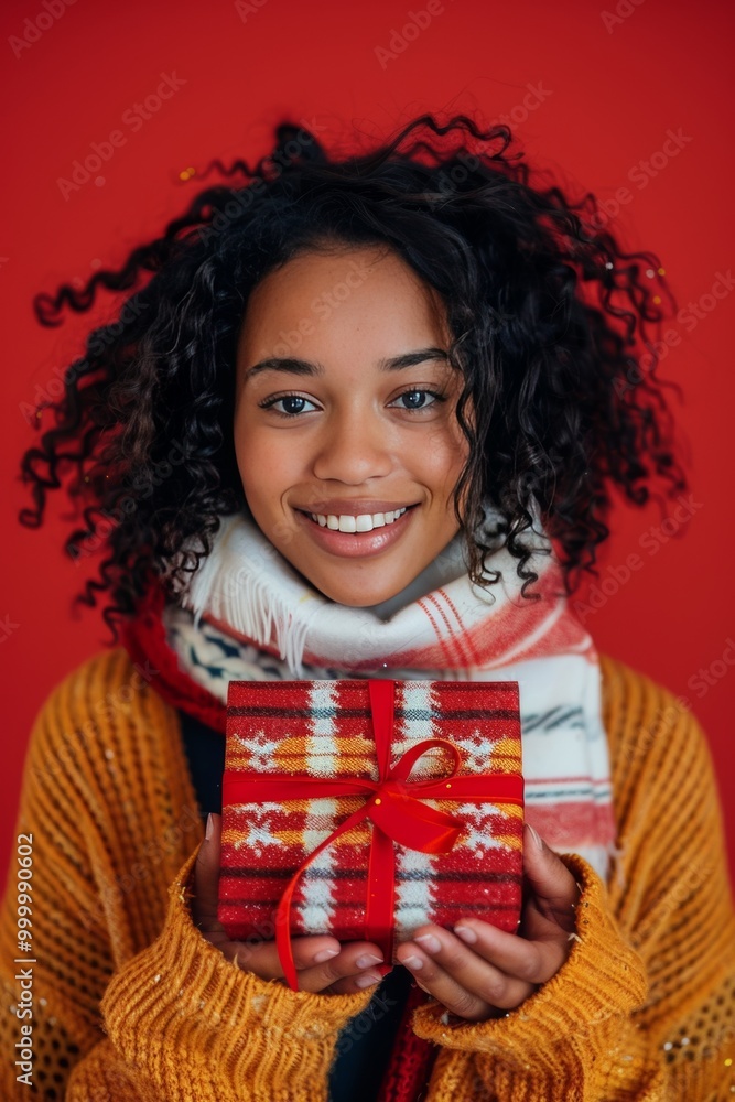 A woman holding a holiday gift with a cheerful expression. A woman holding a holiday gift with a cheerful expression.