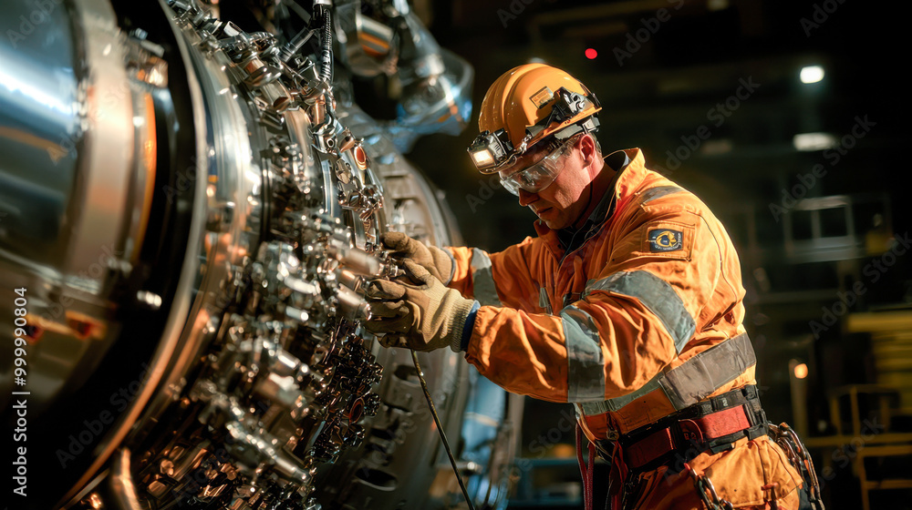 Worker in safety gear inspecting machinery. Worker in safety gear inspecting machinery.