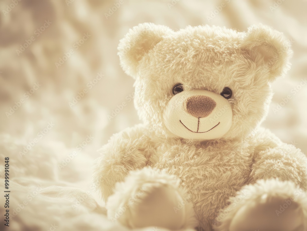 Obraz premium Charming teddy bear portrait, soft fur textures, warm lighting, gentle expression, neutral background highlighting cuddly details