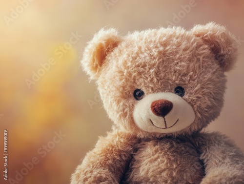 Charming teddy bear portrait, soft fur textures, warm lighting, gentle expression, neutral background highlighting cuddly details