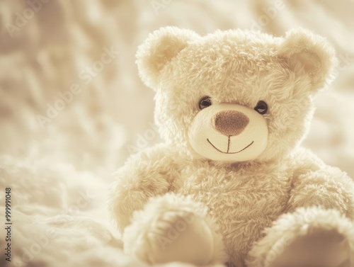 Charming teddy bear portrait, soft fur textures, warm lighting, gentle expression, neutral background highlighting cuddly details