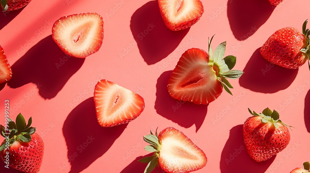 A flat lay of strawberry halves on a pink background. A flat lay of strawberry halves on a pink background.
