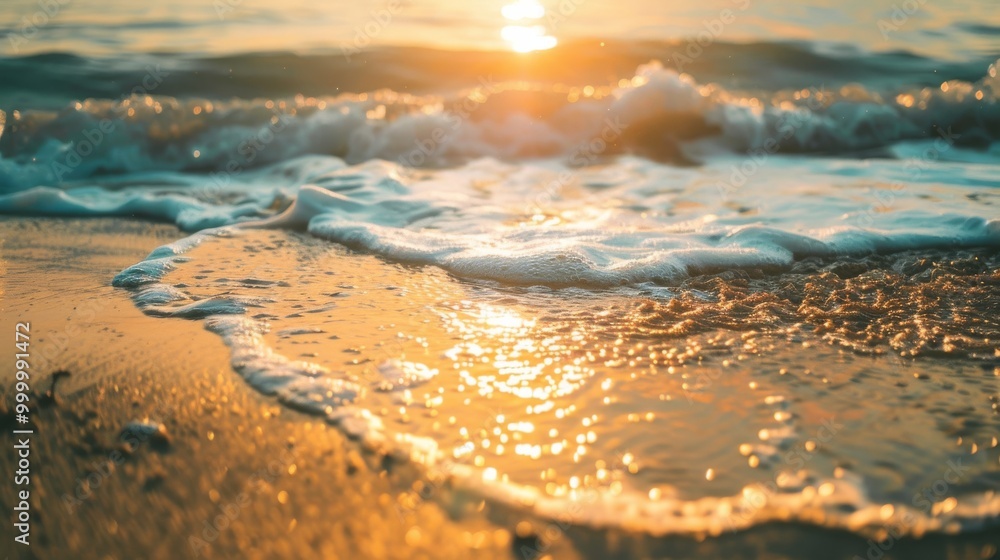 Φωτογραφία Golden sunlight ripples across gentle waves meeting a serene sandy shore, capturing the calming essence of a beach at sunset