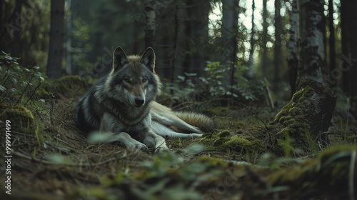 A wolf lies calmly on a mossy forest floor, with a watchful and serene demeanor, surrounded by tall trees and filtered sunlight. photo