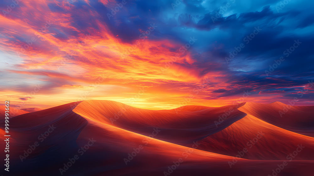 A dramatic stock photo of an expansive desert landscape with rolling sand dunes under a vibrant sunset sky. Rolling Dunes. Illustration A dramatic stock photo of an expansive desert landscape with rolling sand dunes under a vibrant sunset sky. Rolling Dunes. Illustration