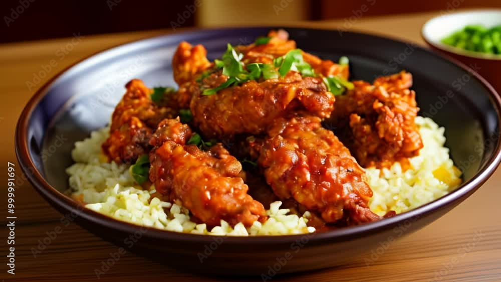 Delicious meal of spicy chicken wings and rice ready to be savored Delicious meal of spicy chicken wings and rice ready to be savored