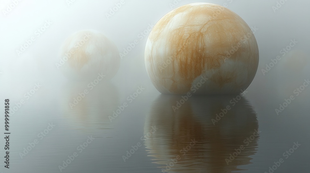 A large sphere with a textured surface sits partially submerged in a calm, hazy body of water. The sphere is reflected on the surface of the water creating a surreal and dreamlike scene. A large sphere with a textured surface sits partially submerged in a calm, hazy body of water. The sphere is reflected on the surface of the water creating a surreal and dreamlike scene.