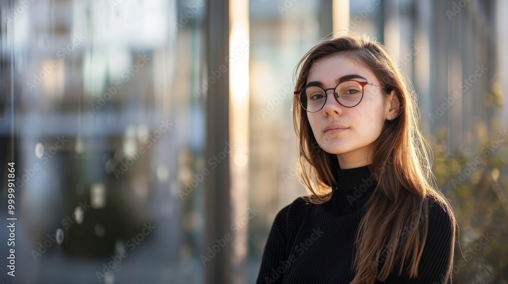 A young woman with glasses, wearing a black turtleneck, stands outside by a glass building, looking confidently at the camera in the soft morning light. A young woman with glasses, wearing a black turtleneck, stands outside by a glass building, looking confidently at the camera in the soft morning light.