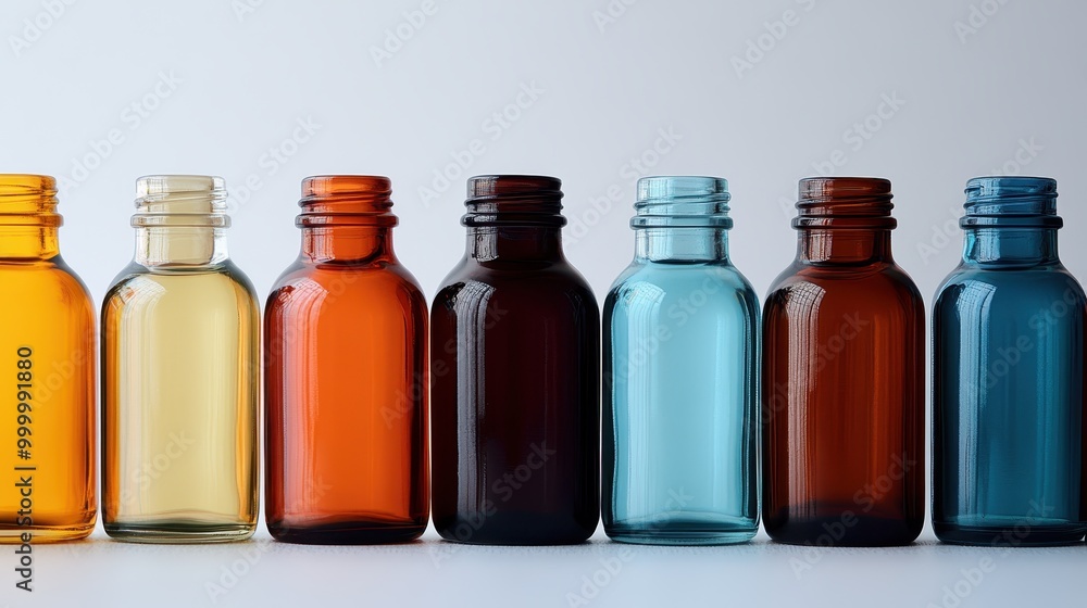 An array of small glass bottles in assorted colors, including amber, blue, and brown, displayed in a horizontal line to showcase their vivid hues and appealing design. An array of small glass bottles in assorted colors, including amber, blue, and brown, displayed in a horizontal line to showcase their vivid hues and appealing design.